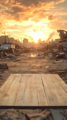 Empty Wooden Table Top with Blurred Apocalyptic City Background at Sunset Perfectly.