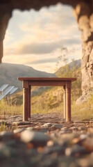 Naklejka premium Wooden Table Stands on Rocky Ground in Mountain Landscape at Sunset with Solar Panels in Background.