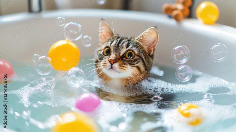 Poster a delightful image of a cat playing with bubbles in a bathtub, surrounded by floating toys, showcasi