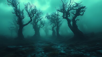 Spooky forest path, eerie mist, dark trees, Halloween backdrop