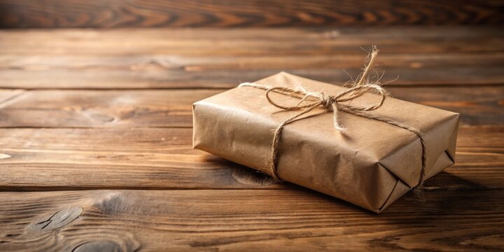 A rustic brown gift package tied with twine sits on a wooden surface