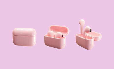 Pink wireless headphones AirPods in Charging Case, on pink background. Image 3D rendering.