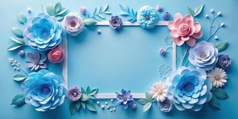 Serene Pastel Paper Flowers Frame on a Light Blue Background