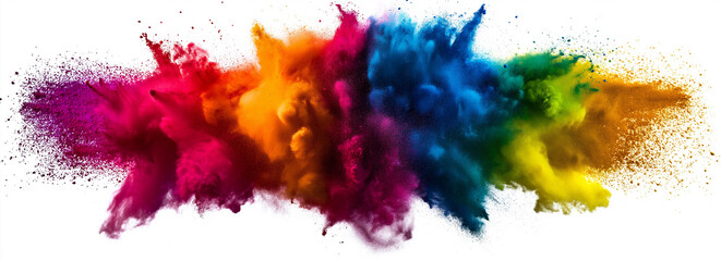 Stunning horizontal Holi powder explosion in pink, yellow, blue, and red against a white background, capturing the vibrant energy of festival celebrations.