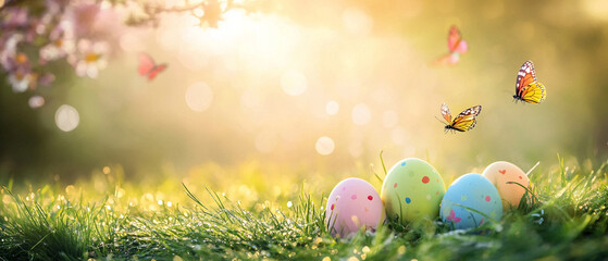 Sunlit Easter eggs vibrant colors soft-focus outdoor grass warm golden natural lighting