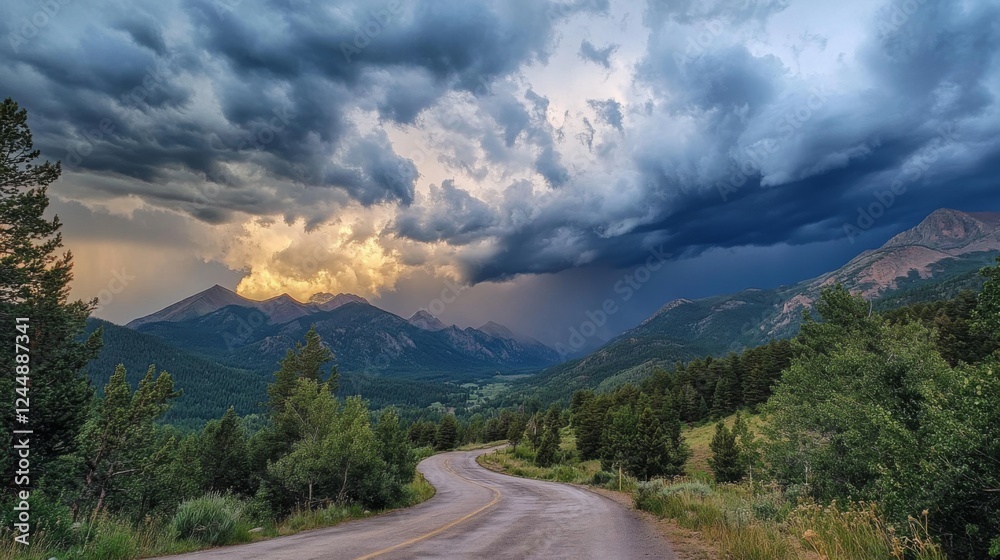 Poster a dramatic photo of a mountain road during a thunderstorm, with dark clouds rolling in over the peak