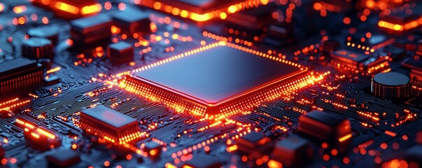 High-tech network circuit board with glowing connections and data dots, embodying big data and connectivity concepts.