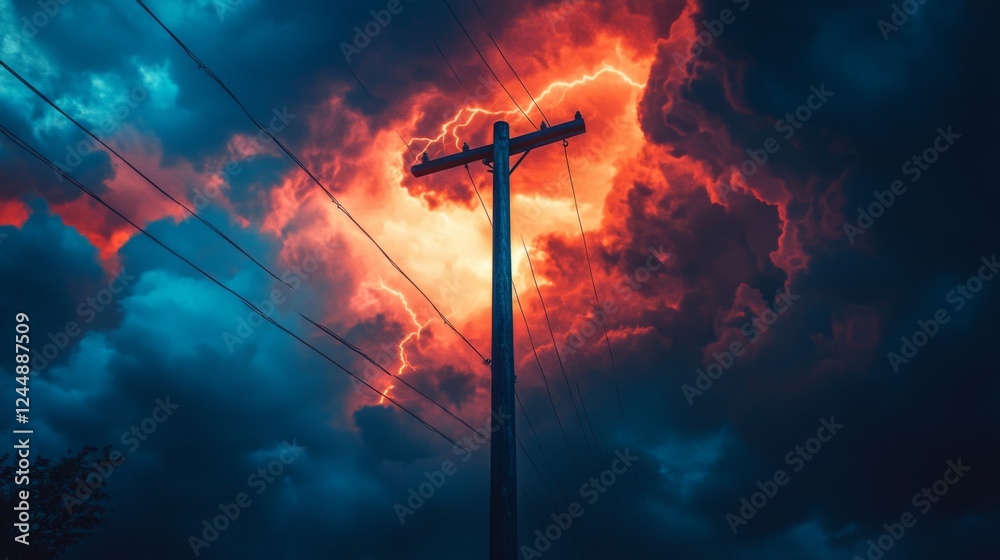 Aufkleber a dramatic shot of a utility pole against a stormy sky, with dark clouds and lightning in the backgr