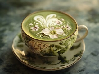 Fototapeta premium Elegant Matcha Latte Art with Floral Design in Vintage Cup and Saucer