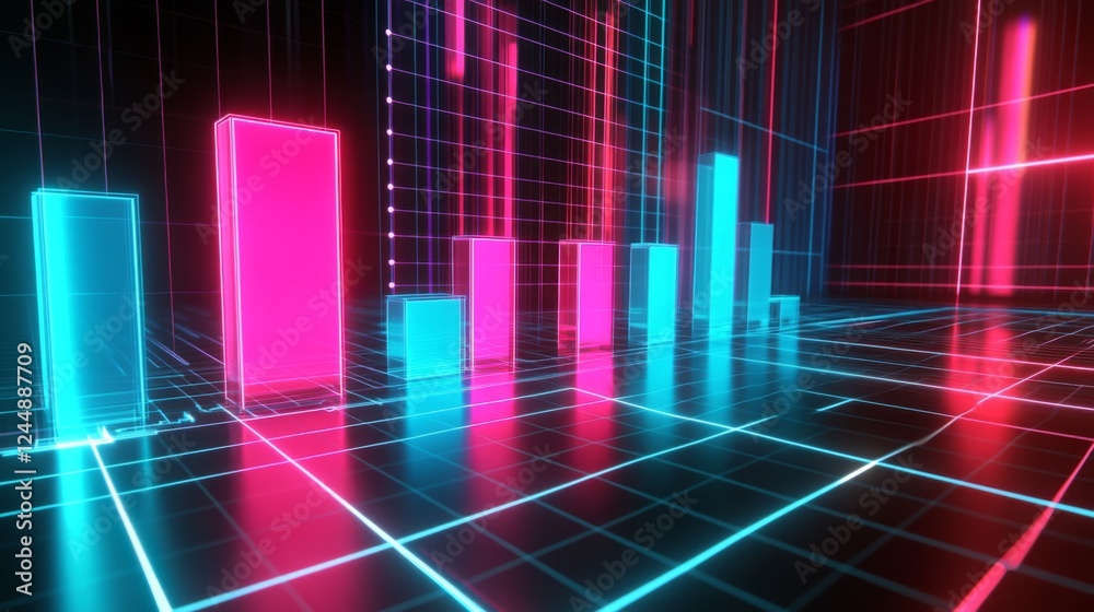 Aufkleber A dynamic D bar graph with glowing neon bars, showing data comparison in a high-tech setting with grid lines and axis markers.