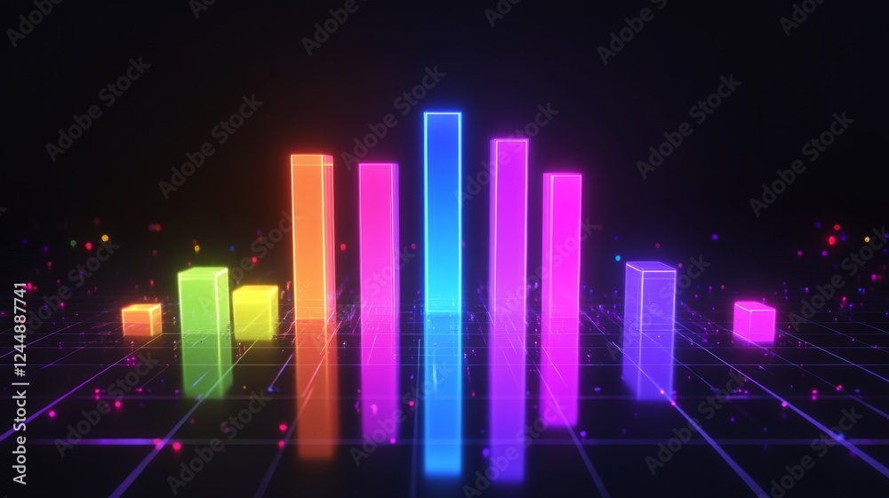 Poster a dynamic d bar graph with glowing neon bars, showing data comparison in a high-tech setting with gr