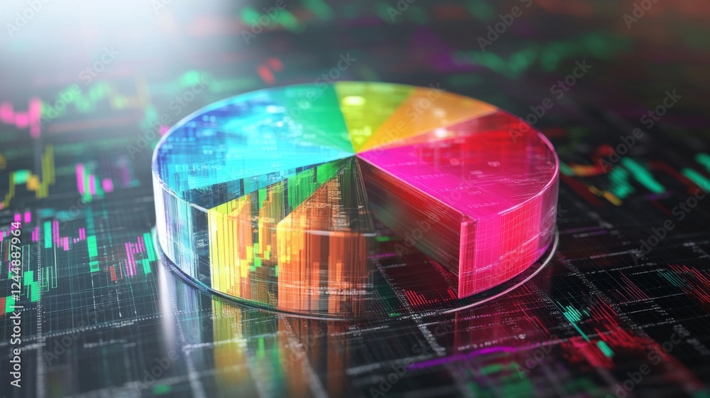 Poster A dynamic financial pie chart with segmented slices, showing investment portfolio allocation, overlaid on a digital background filled with stock market trends.