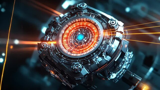 Futuristic cybernetic core with glowing elements and dynamic energy pulses