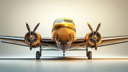Golden vintage propeller airplane, front view.