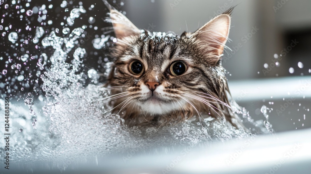 Poster A dynamic photo of a cat splashing water playfully while trying to escape the bath, emphasizing the amusing antics of pets during their grooming sessions.