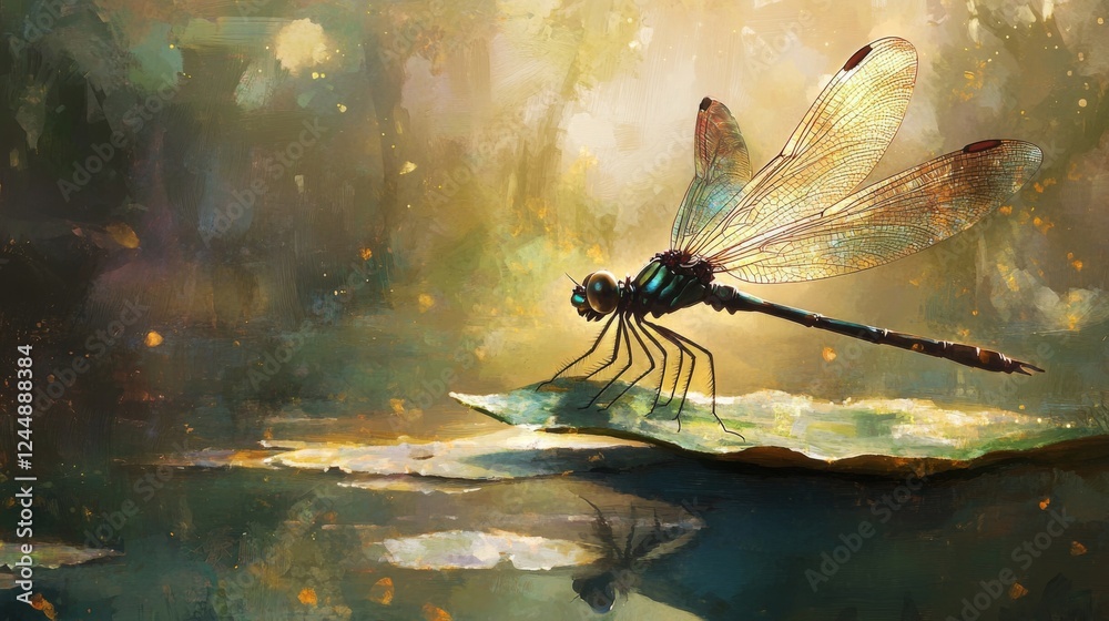 Poster a dynamic scene of a dragonfly resting on a leaf near a serene pond, with its iridescent wings glist