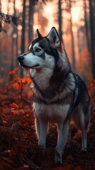 Obraz premium Majestic Alaskan Malamute standing in an autumn forest at sunset.