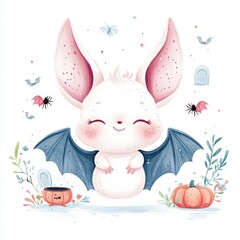 Obraz premium A cute, whimsical creature with bat wings and large ears, surrounded by pumpkins, spiders, and a spooky atmosphere, perfect for Halloween.