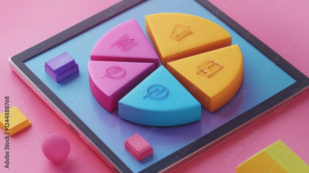 Leinwandbilder A financial pie chart highlighting different revenue streams for a startup, with vivid colors and icons for each segment, displayed on a sleek digital tablet.