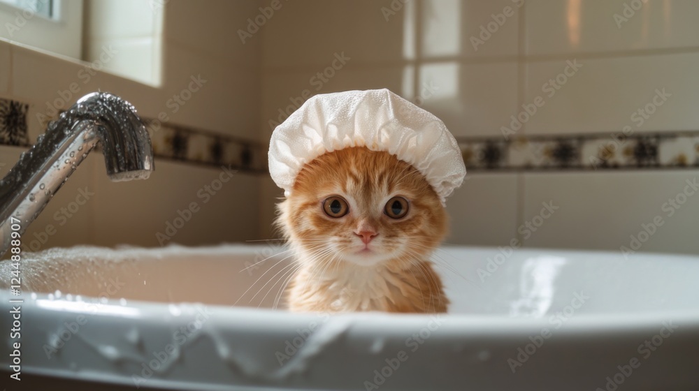 Poster a funny scene of a cat wearing a tiny shower cap while sitting in a bathtub, portraying the humor an