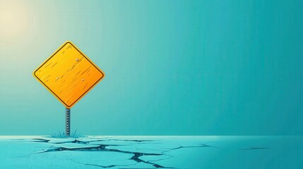 Warning Sign on Cracked Ground with Blue Background