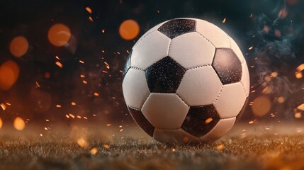 Fototapeta premium Closeup shot of a soccer ball glowing with dynamic energetic motion mid play on a grassy field capturing the intensity and excitement of a high stakes sports competition or event