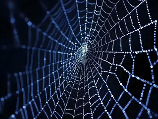 Naklejka premium Intricate Spiderweb Glistens with Dewdrops in the Dark of Night
