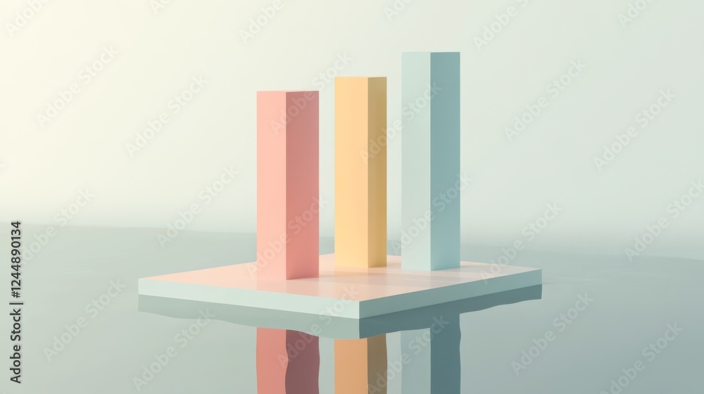 Poster A minimalist D bar graph with pastel-colored bars rising from a flat surface, with subtle shadows and axis labels, symbolizing smooth growth trends.