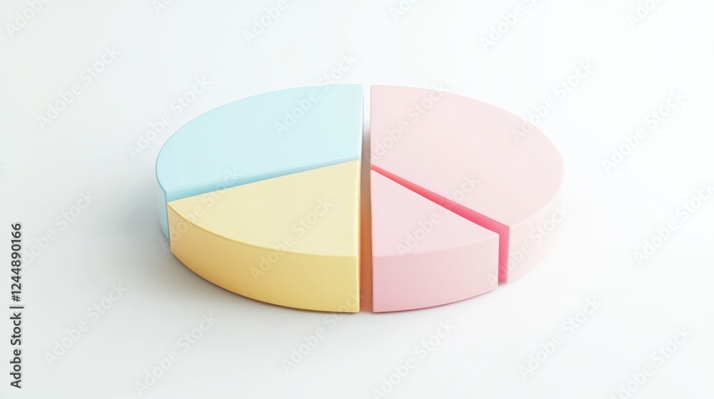 Aufkleber A minimalist D pie chart with pastel-colored slices, smoothly separated to reveal individual sections, placed on a clean white background.