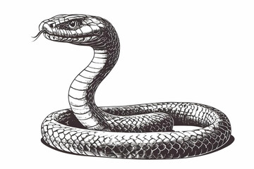Detailed Ink Drawing of Coiled Snake with Raised Head, Tongue Out, and Scales Prominently Displayed.
