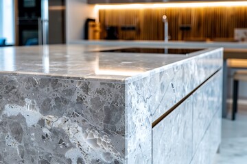 Interior of a blurred kitchen with closeup marble granite, product display, bright and clean space