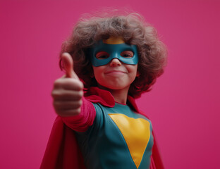 A smiling boy dressed as a superhero giving a thumbs up to the camera, signaling success, victory, or approval. 