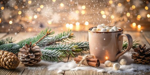 Cozy Winter Mug of Hot Chocolate with Marshmallows and Festive Decorations