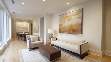 A minimalist living room design featuring a neutral color palette, sleek furniture, and a striking piece of artwork on the wall, creating a serene and stylish space.
