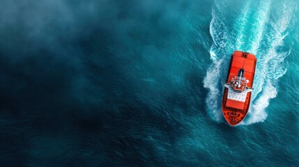 Dynamic image of a speeding cargo ship navigating through turbulent ocean waves creating a bold and energetic visual with teal and blue tones