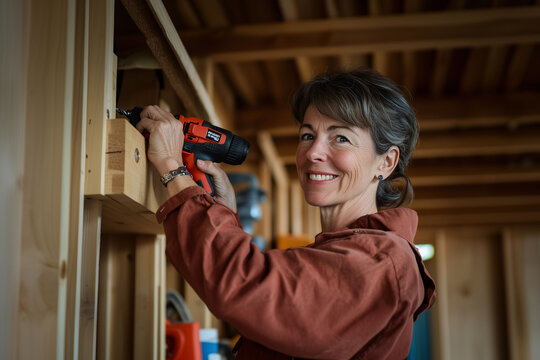 A woman in her 50s using a drill for DIY work at home. Concept of hardworking women, empowerment, equality, and skills development, highlighting women's role in the workforce.
