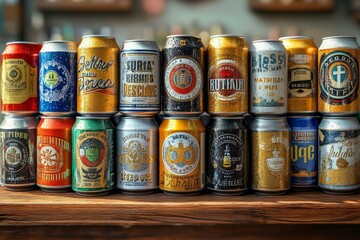Assorted beer cans on bar, pub background, drink menu