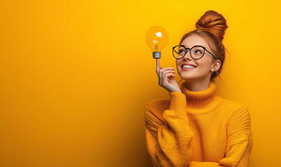 Young woman with glasses smiling and holding a lightbulb, looking up thoughtfully, isolated on a yellow background with space for text. Creativity, inspiration, eureka, brainstorming, and mental illum