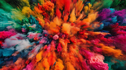 Dramatic explosion of Holi festival colors in red, yellow, orange, blue, and green, capturing the spirit of joy, unity, and vibrant cultural celebration.
