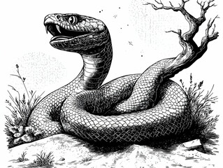 Fototapeta premium Menacing Serpent Coiled Near Barren Tree in Black and White Illustration with Detailed Scales and Textured Background.