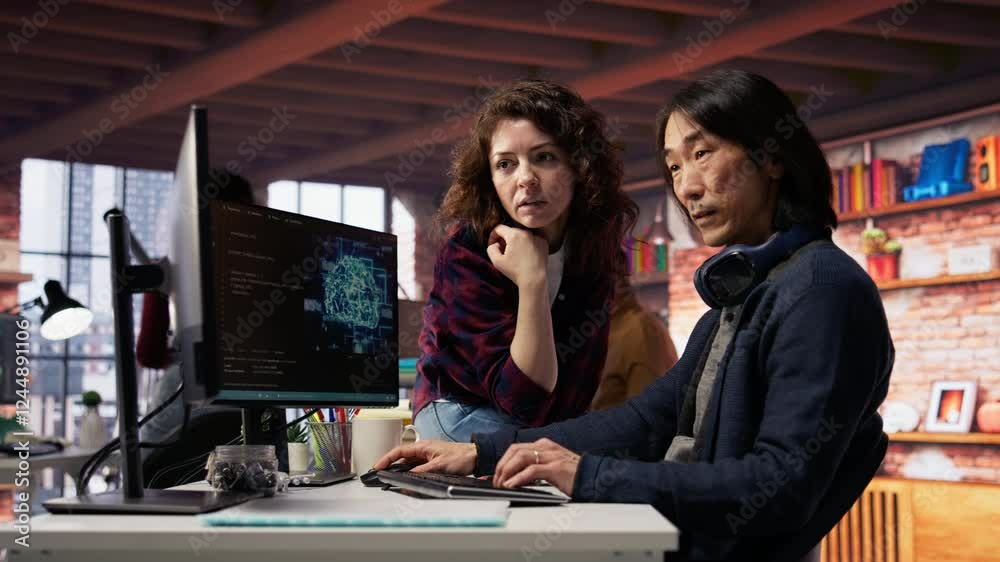 Poster ai startup engineer asks questions to team leader before starting implementing machine learning. art