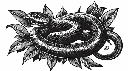 Obraz premium Detailed Illustration of a Coiled Snake Rests Menacingly Amidst Lush Foliage
