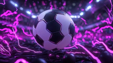 Fototapeta premium Dramatic and dynamic scene featuring a soccer ball in mid flight surrounded by vibrant neon lights conveying a sense of energy speed and competition in a futuristic stadium setting
