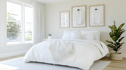 Minimalist white bedroom, sunlight, plant, calm