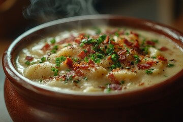 Creamy potato soup, bacon, chives, steam; kitchen setting, food blog use