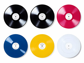 Six Colorful Vinyl Records Displayed on a White Background, Showcasing a Variety of Music Formats and Styles.