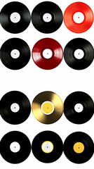 Nine Vinyl Records Displayed in Black, Red, and Gold Colors against White Background