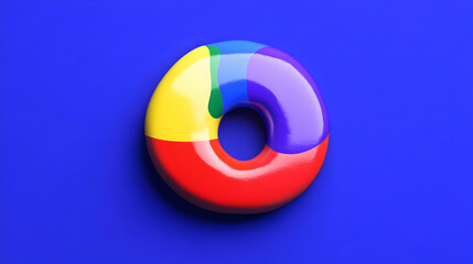 Obraz premium 3D Glossy Multicolored Donut on Vibrant Blue Background: A Minimalist Design