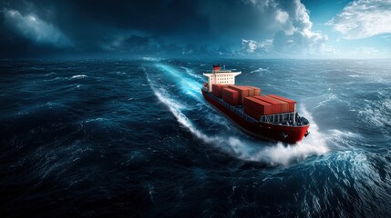 Naklejka premium Dramatic abstract digital depicting a large cargo ship navigating through a stormy turbulent ocean with towering waves and moody atmospheric clouds in the background representing the power energy