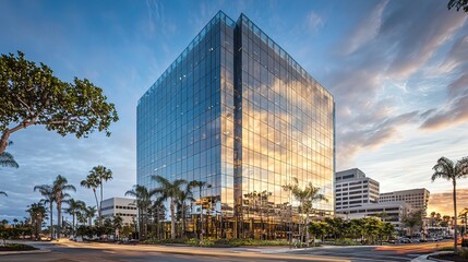 Fototapeta premium Modern glass skyscraper at sunset, reflecting clouds and city.